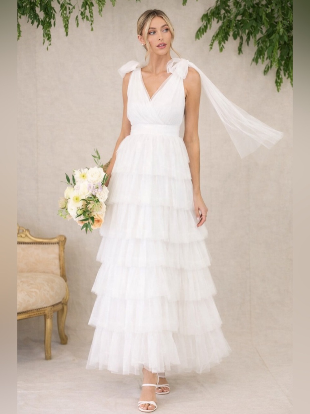 Red Dress Boutique Aura Creating Memories White Tiered Bridal Tulle Maxi Dress